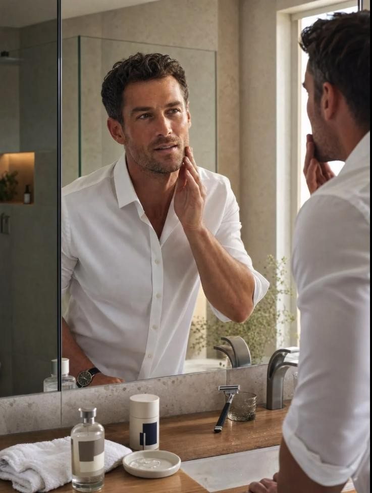 Man in a white shirt checking his skin in the bathroom mirror
