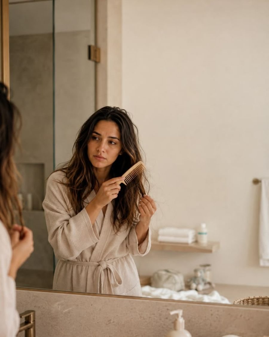 Woman brushing her hair in a bright bathroom mirror